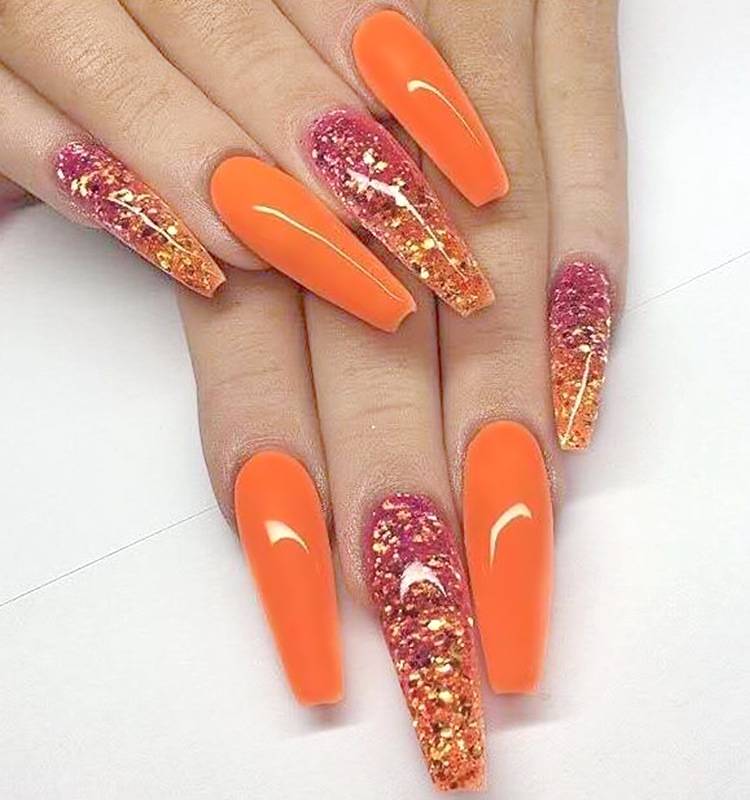 24 Pcs / Box Orange Bling Luxury Long Gel Designed Luxury Press On Nails With Glue